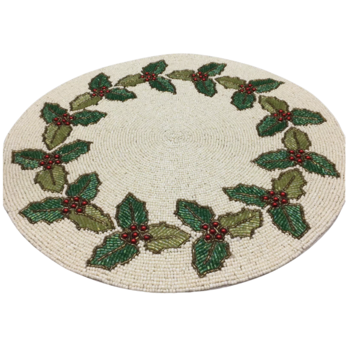 Round holiday placemat featuring a beaded holly leaf and berry design on a neutral background, ideal for Christmas table décor.