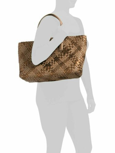 Falor Large Tote Brown Cuoio Metallic Handmade In Italy Woven Leather