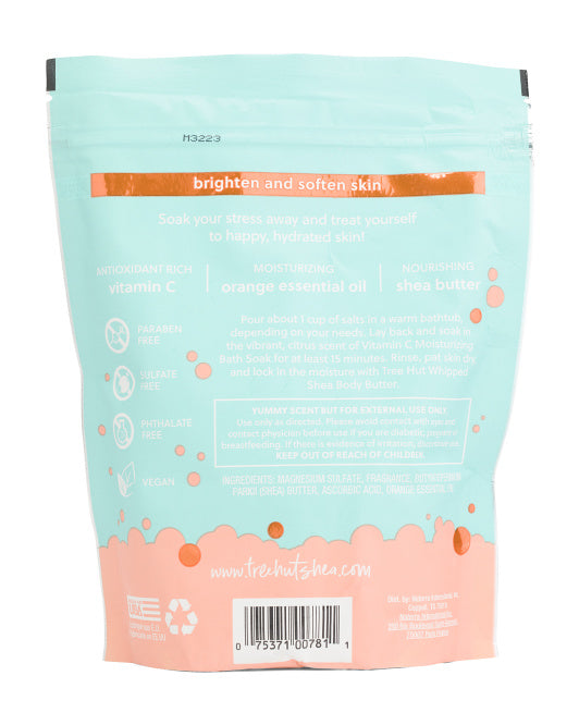 Vitamin C moisturizing bath soak with shea butter and orange essential oil in a resealable 16oz pouch