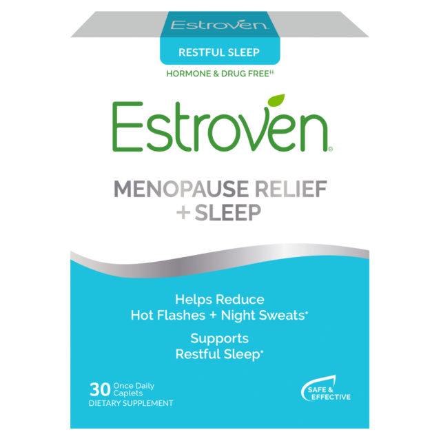 Box of Estroven Menopause Relief + Sleep supplement with 30 caplets for hot flash and night sweat relief.
