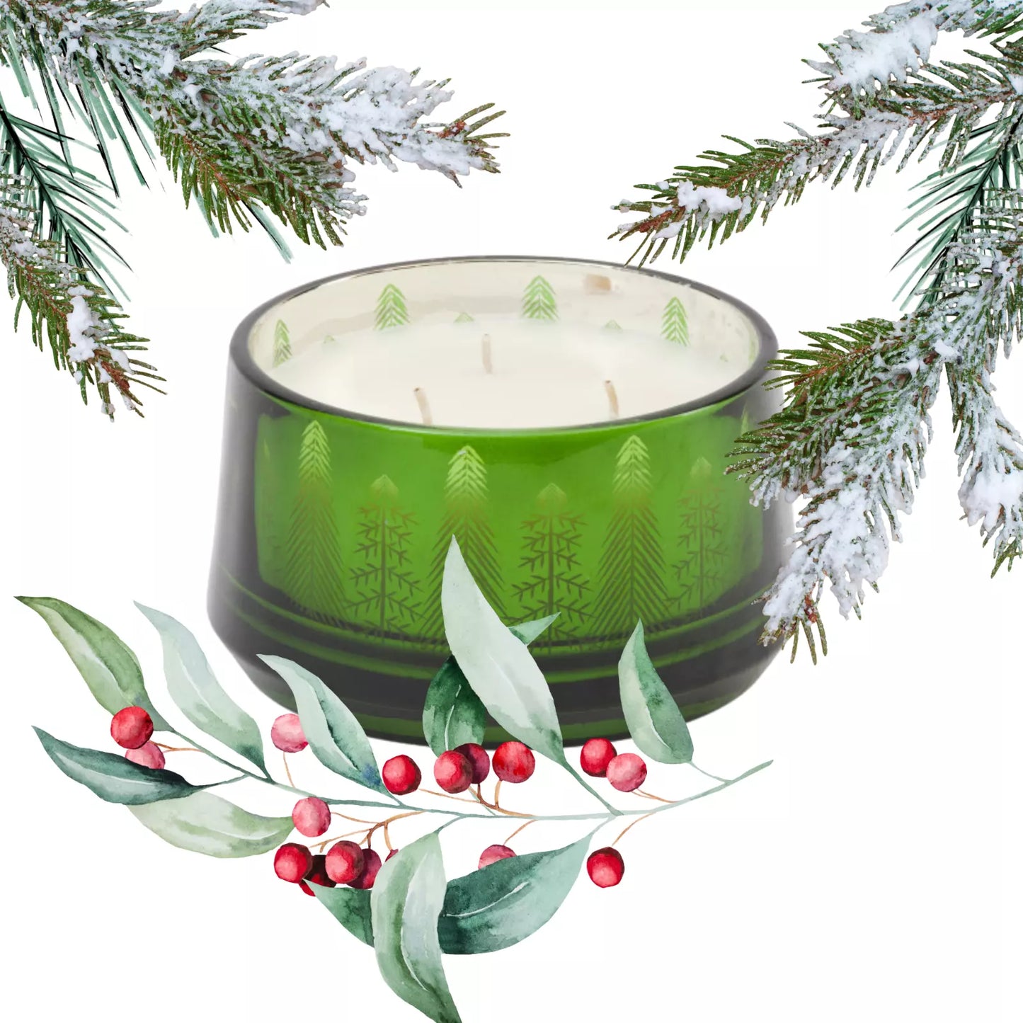 An 18oz Pine and Sage 3-Wick Candle with a Christmas tree motif, hand-poured, displayed in a green glass container surrounded by festive decorations including Christmas trees and wrapped gifts.