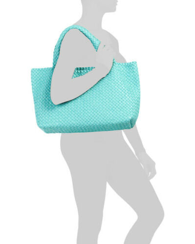 Falor Woven leather handbag tote w/ pouch AQUA F7349 teal blue ITAALE
