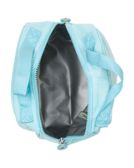 Kipling Lyla insulated lunch bag in light blue nylon with monkey keychain, reusable 9″ × 5″ × 10″ tote for work or picnics.