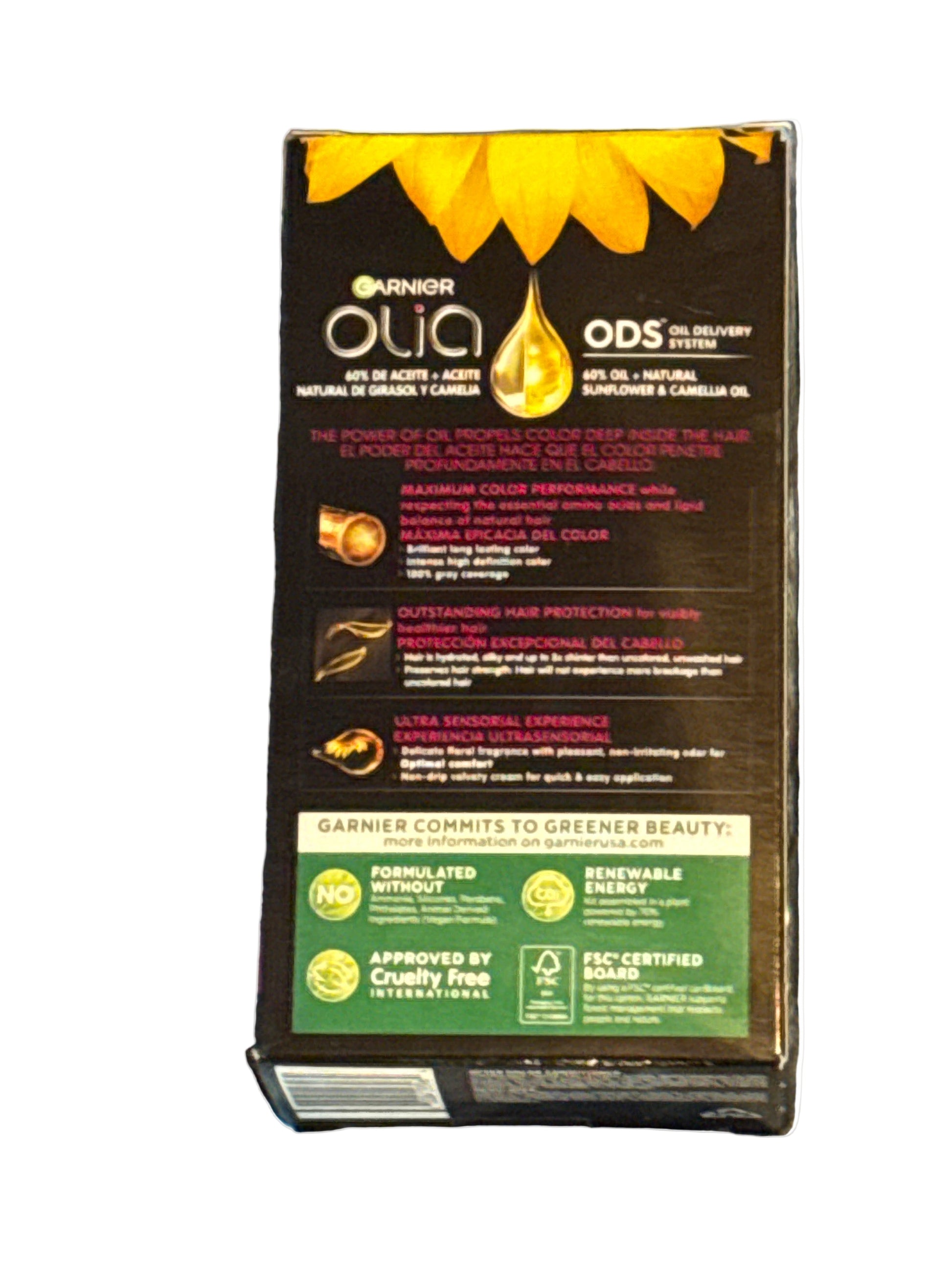 Front of Garnier Olia hair color box showing shade 4.60 Dark Intense Auburn
Back of hair color box displaying instructions and product information
Side panel of hair color packaging with shade details
Hair color box laid flat showing oil-powered color branding