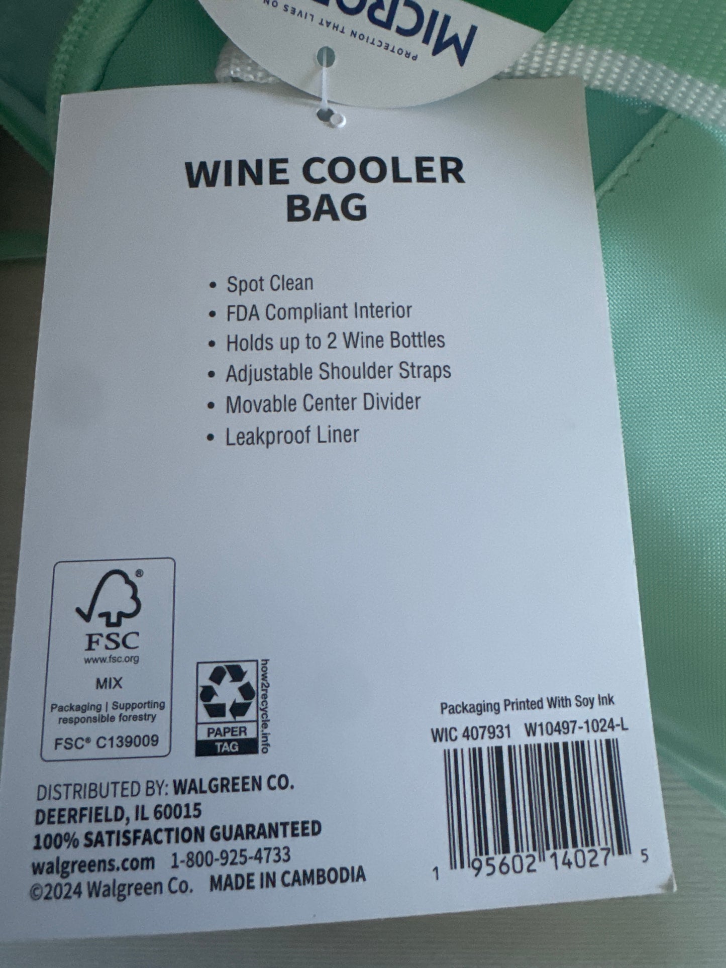 Microban Wine Cooler Bag in mint green with insulated lining and drawstring closure