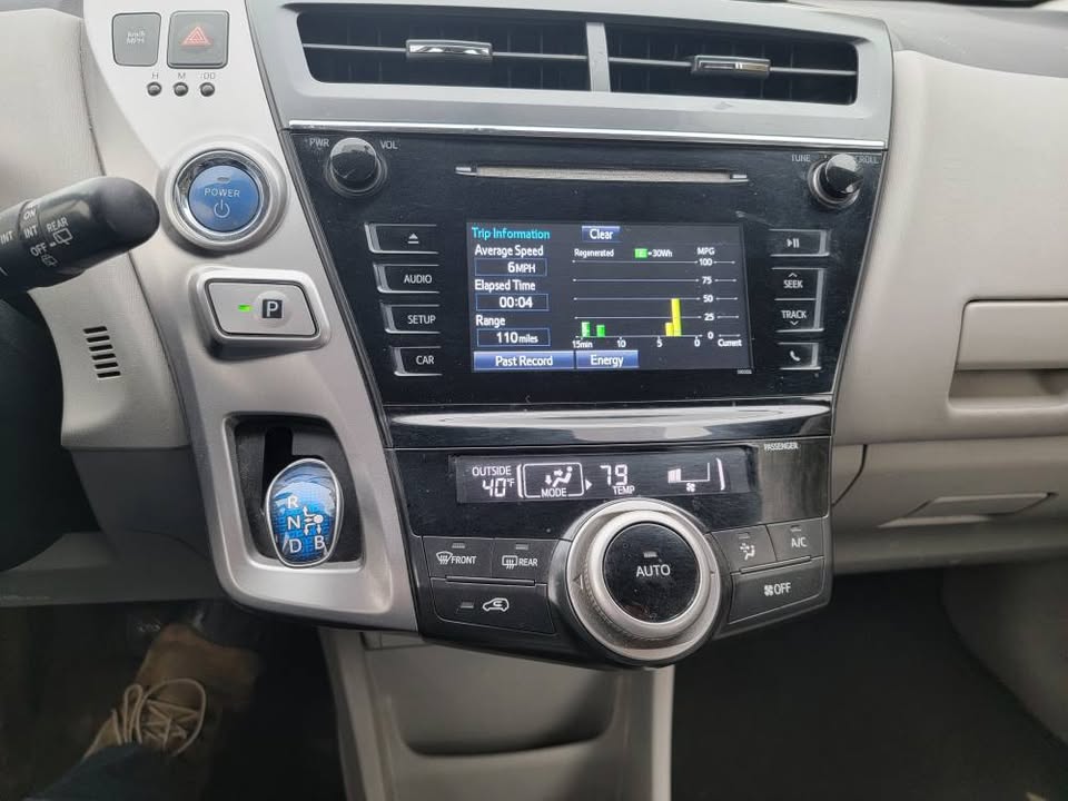 Close-up of the center dashboard and trip display in a 2015 Toyota Prius v, showing energy usage, gear selector, and climate controls
