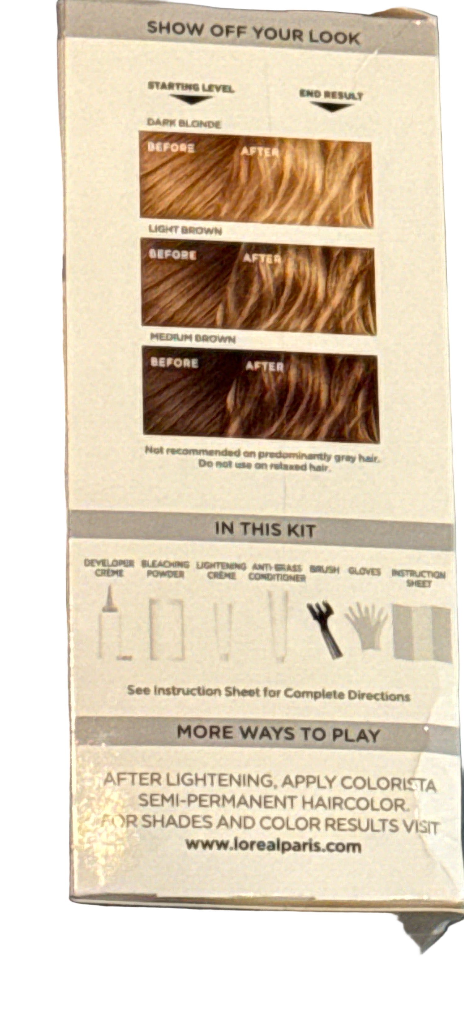 L’Oréal Colorista Hair Bleach and Hair Lightener Kit packaging and contents shown from multiple angles