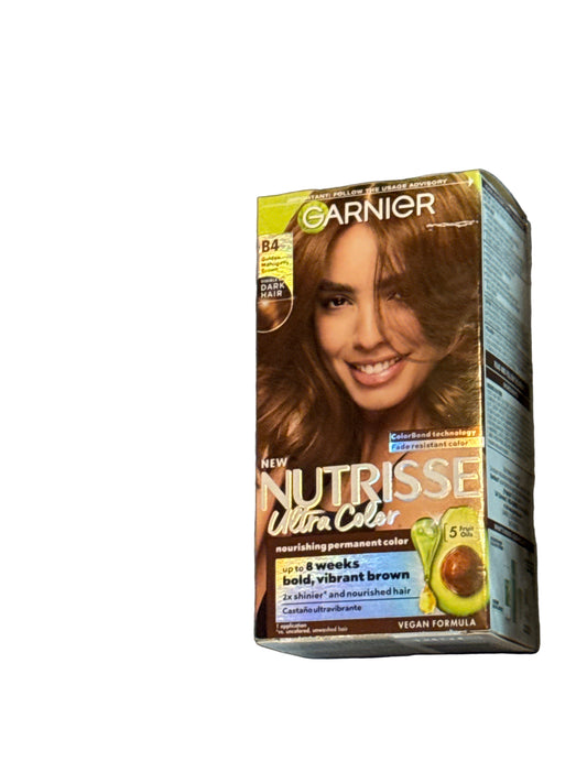 Garnier Nutrisse Ultra Color hair dye in Golden Mahogany Brown B4 shade, box packaging
