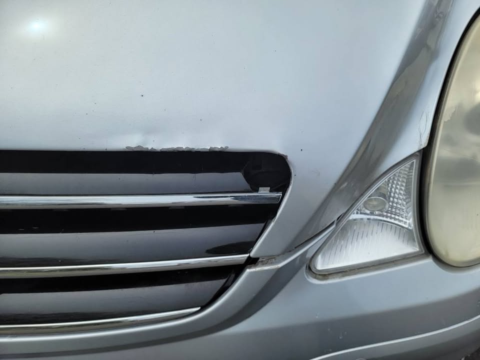 Close-up of exterior paint ding on driver's side door panel