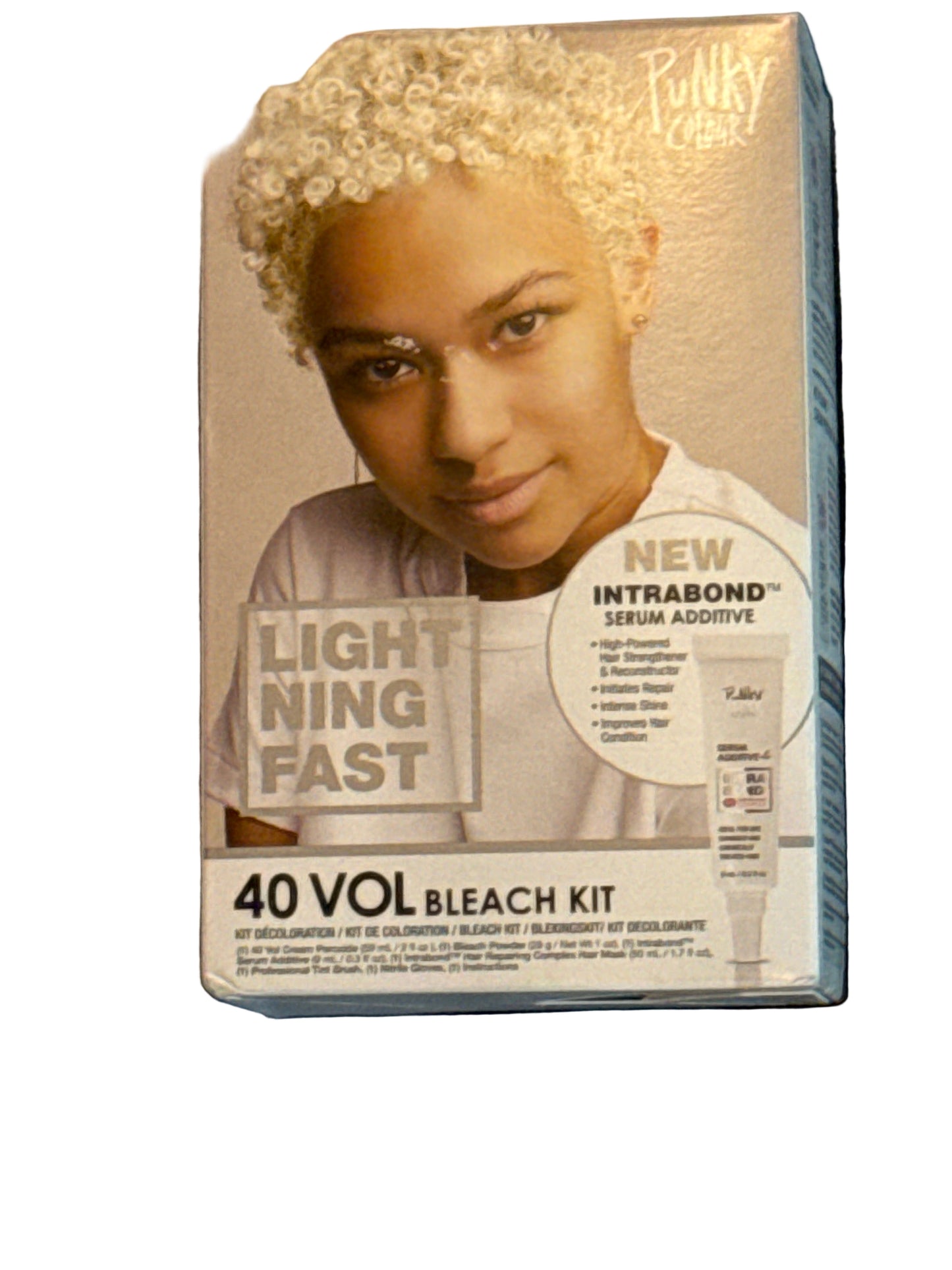 40 volume hair bleach kit packaging showing front and back with lightening results chart