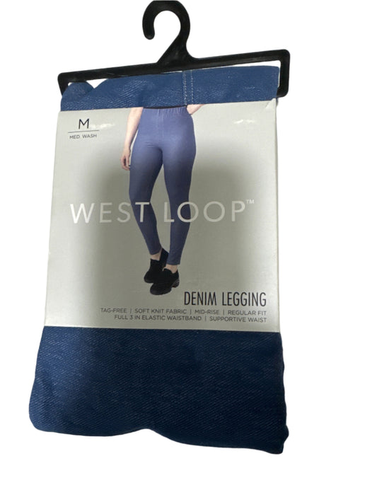 West Loop denim leggings in blue with soft stretch, tag-free packaging, and pull-on waistband