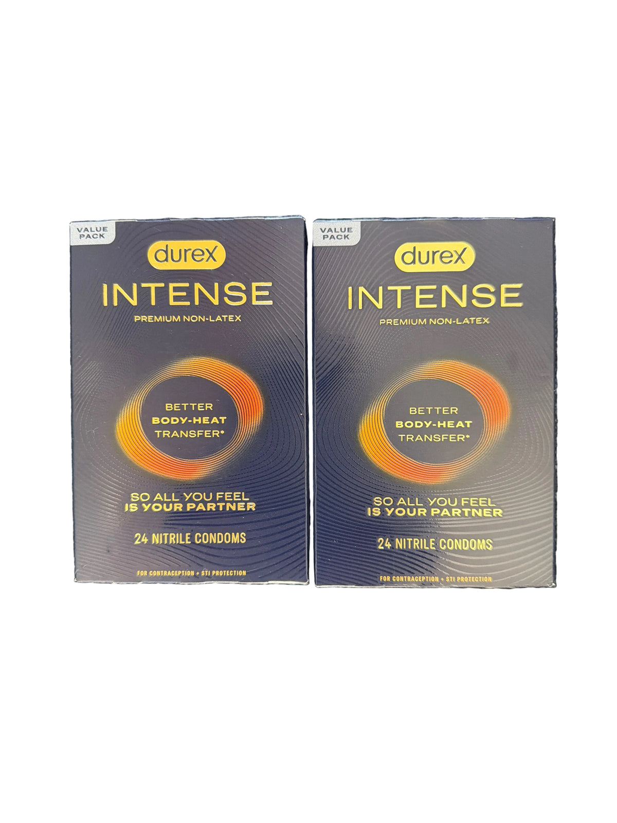 Two boxes of Durex Intense Premium Non-Latex condoms placed side by side on a gray textured carpet.