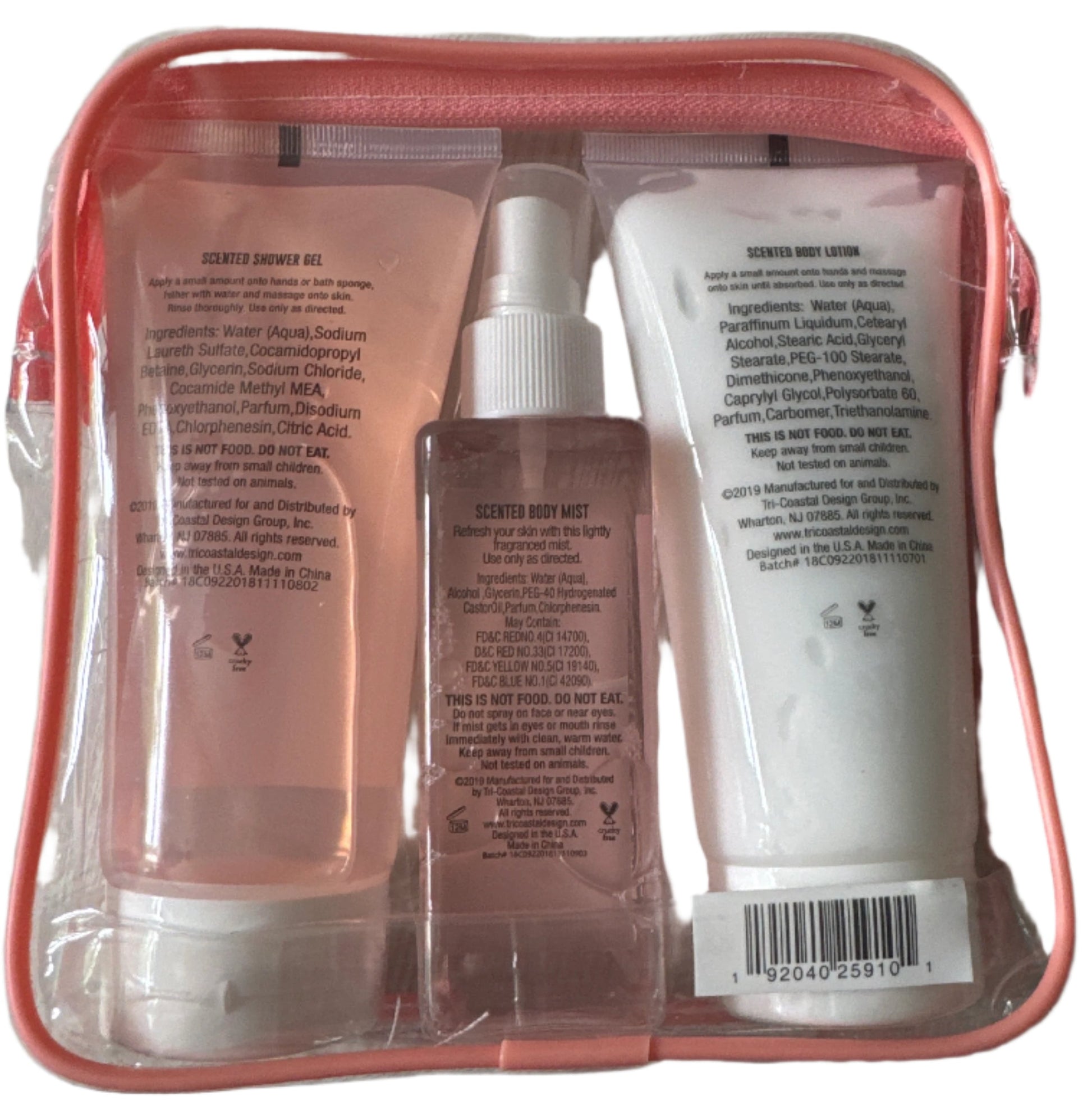 Simple Pleasures full-size mango peach body care set with lotion, mist, and shower gel in pink zip pouch