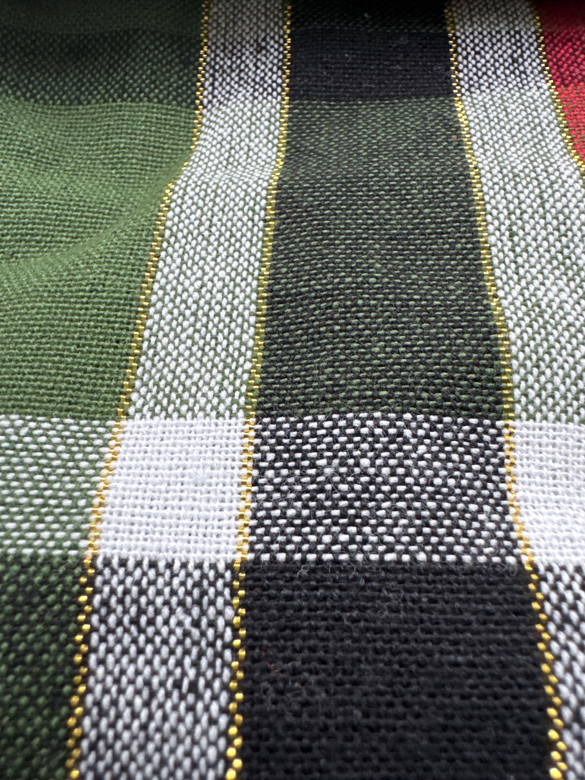 Plaid ruffle border cotton napkins set of six with red, green, and neutral tones, farmhouse-style table linens by The Farmhouse by Rachel Ashwell