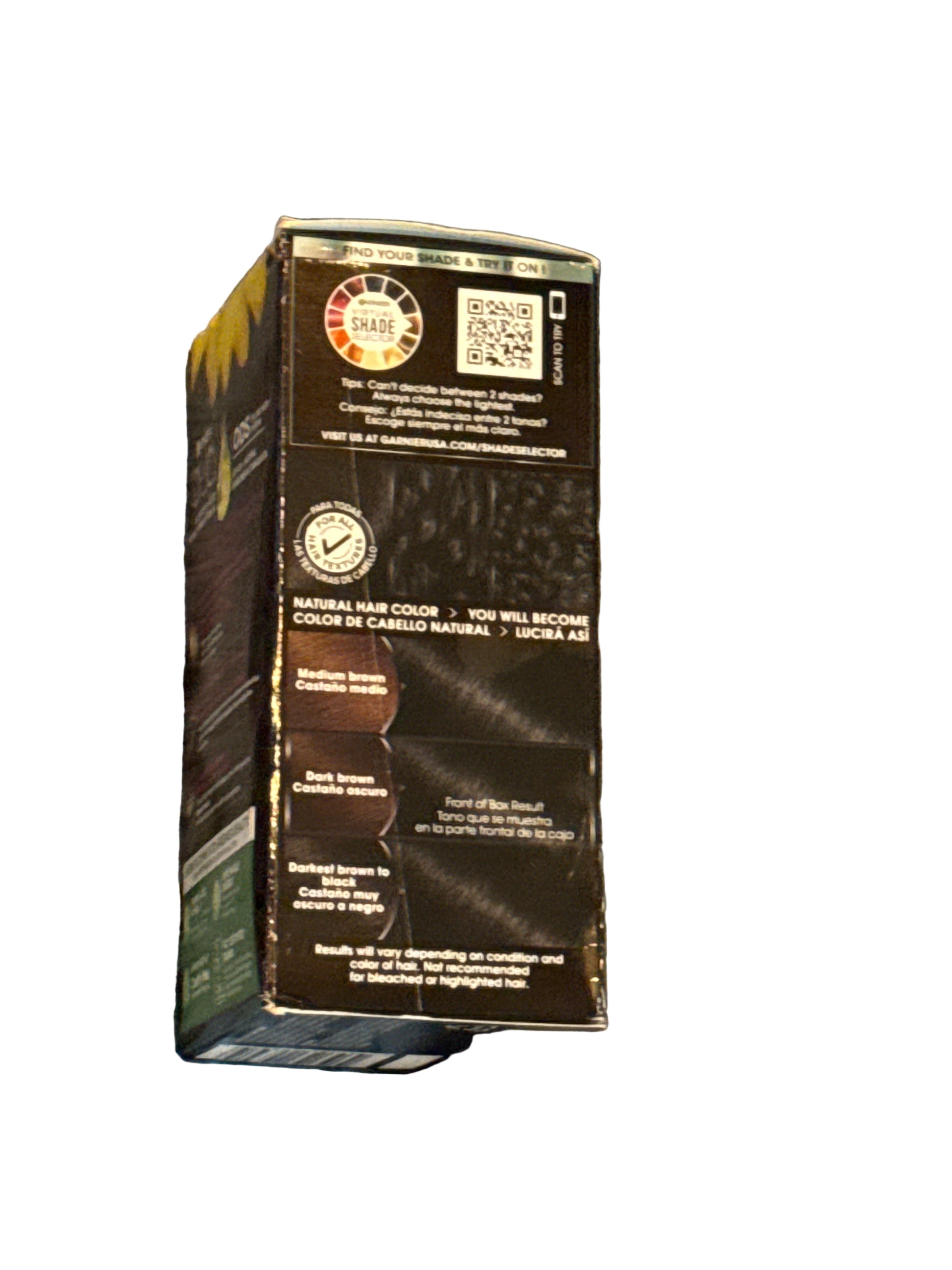 Front of Garnier Olia hair color box showing shade 2.0 Soft Black
Back of hair color box with instructions and ingredient information
Side view of Garnier Olia packaging displaying oil-powered color branding