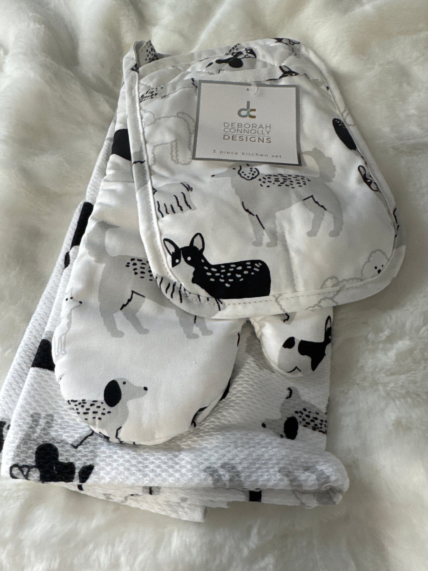 3pc Dog Design Kitchen Set – Towel, Oven Mitt & Pot Holder | 100% Cotton