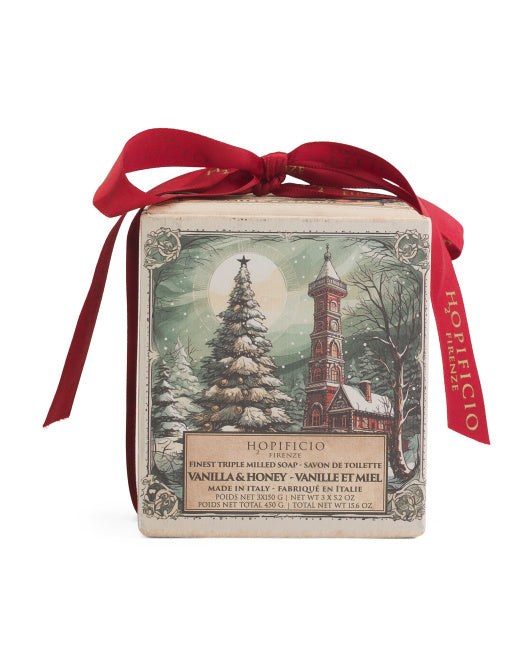 Three-bar soap gift set with vintage-style holiday packaging, tied with red ribbon, scented in vanilla and honey.