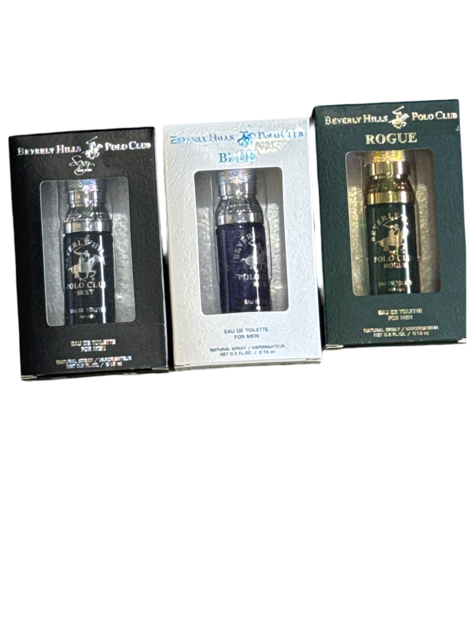 Beverly Hills Polo Club Men’s 3-piece EDT cologne set featuring Sexy, Blue, and Rogue natural spray bottles. Travel size fragrance gift set for men.
