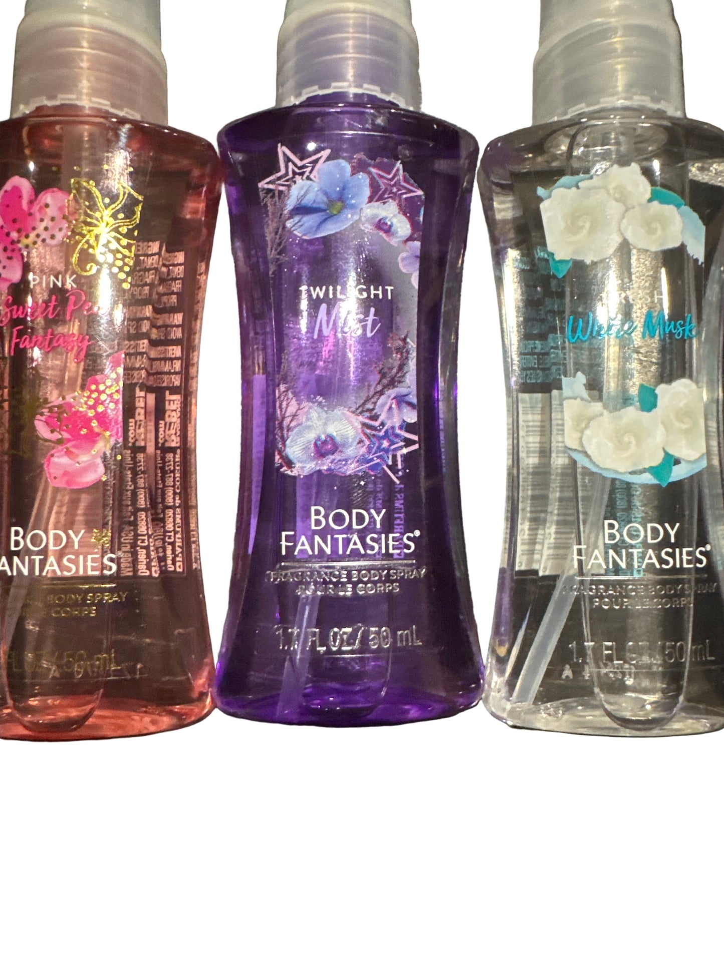 Five assorted 1.7 fl oz body mists including Sweet Pea Fantasy, Twilight Mist, Fresh White Musk, and Japanese Cherry Blossom.