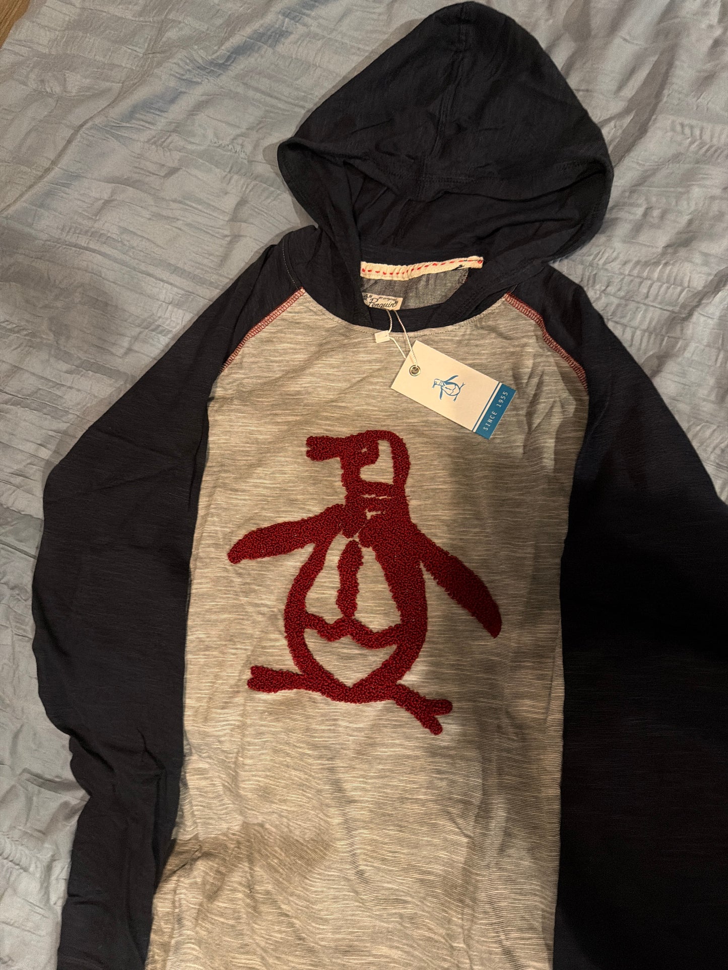 Original Penguin Boys 18Y Hooded Raglan Graphic Top Heather Gray Navy