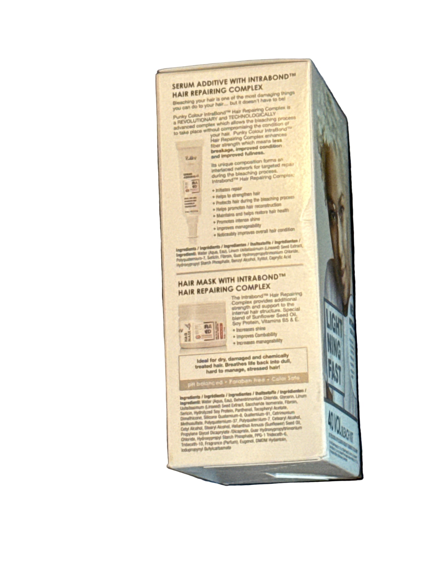 40 volume hair bleach kit packaging showing front and back with lightening results chart