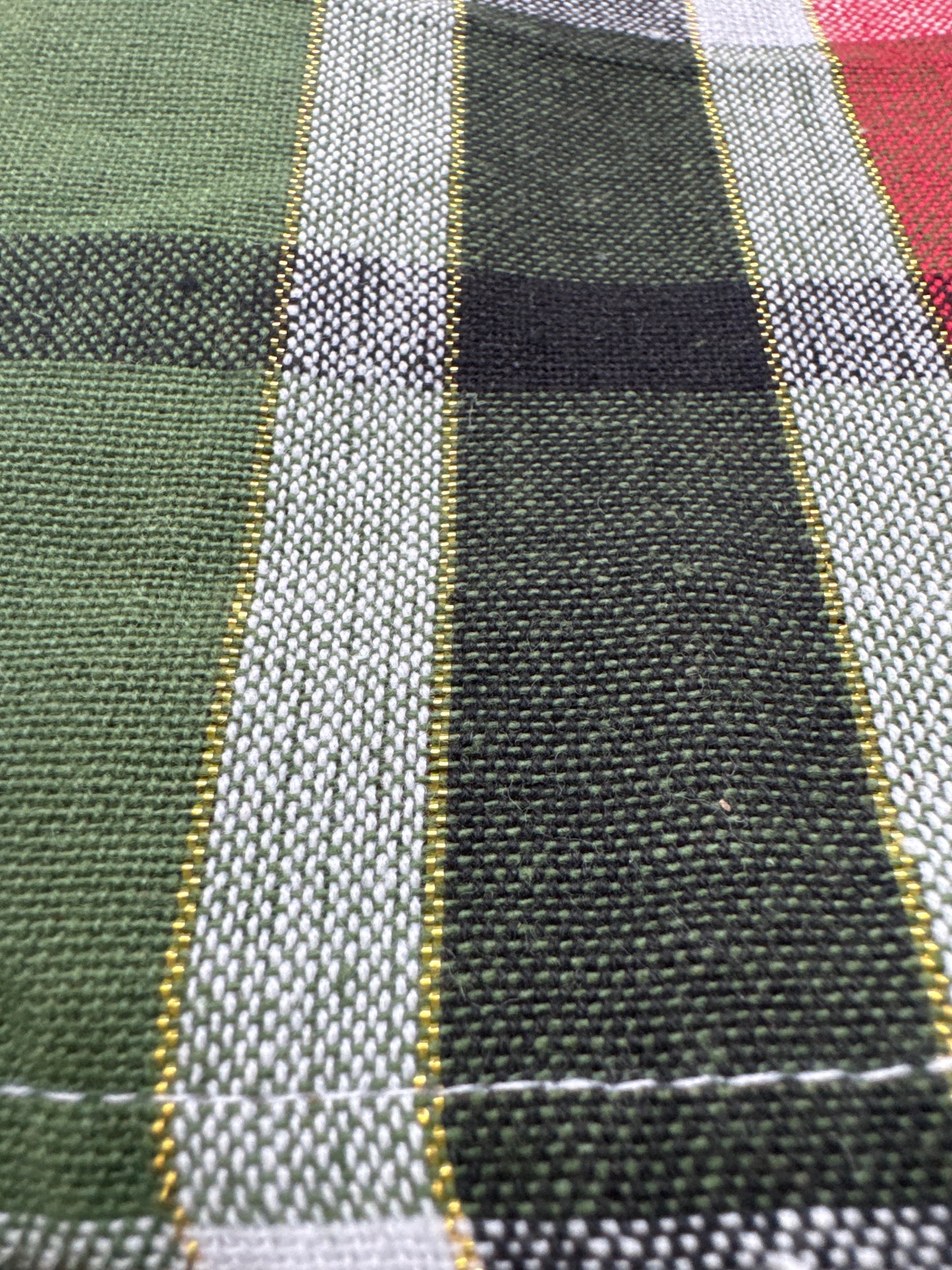 Plaid ruffle border cotton napkins set of six with red, green, and neutral tones, farmhouse-style table linens by The Farmhouse by Rachel Ashwell