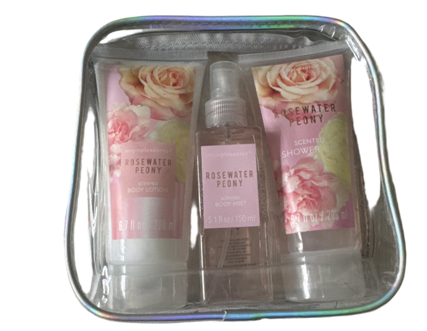 Simple Pleasures full-size rosewater peony body care set with lotion, mist, and shower gel in reusable zip pouch