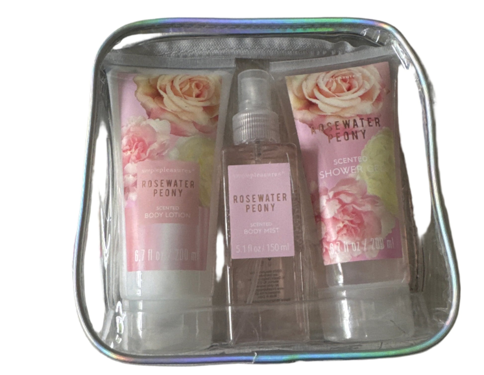 Simple Pleasures full-size rosewater peony body care set with lotion, mist, and shower gel in reusable zip pouch