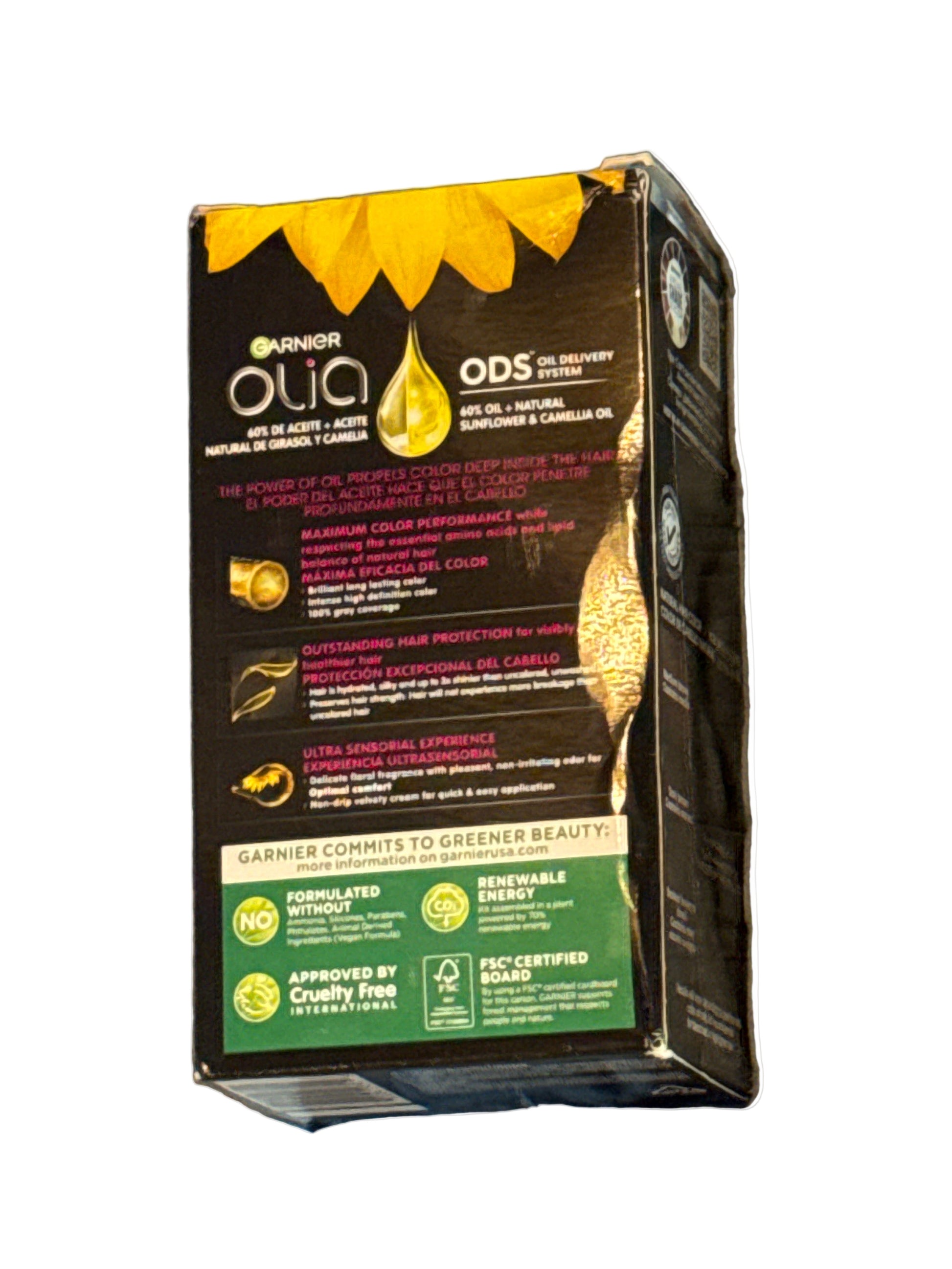 Front of Garnier Olia hair color box showing shade 2.0 Soft Black
Back of hair color box with instructions and ingredient information
Side view of Garnier Olia packaging displaying oil-powered color branding