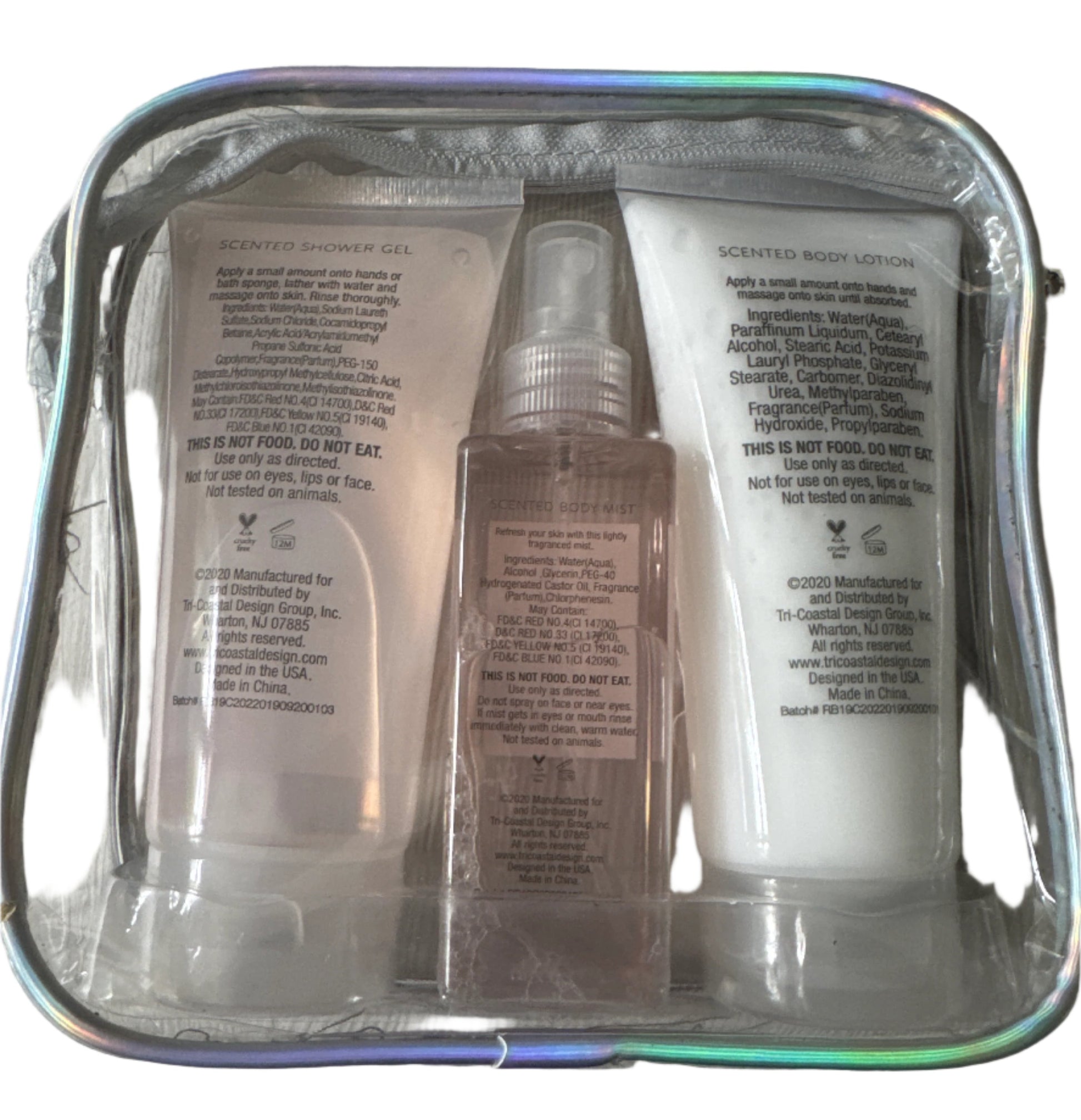 Simple Pleasures full-size rosewater peony body care set with lotion, mist, and shower gel in reusable zip pouch