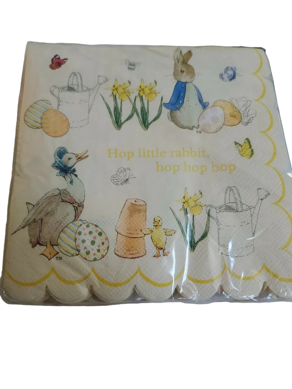 Peter Rabbit Easter paper napkins with yellow scalloped edges and Beatrix Potter illustration, 13 by 13 inches