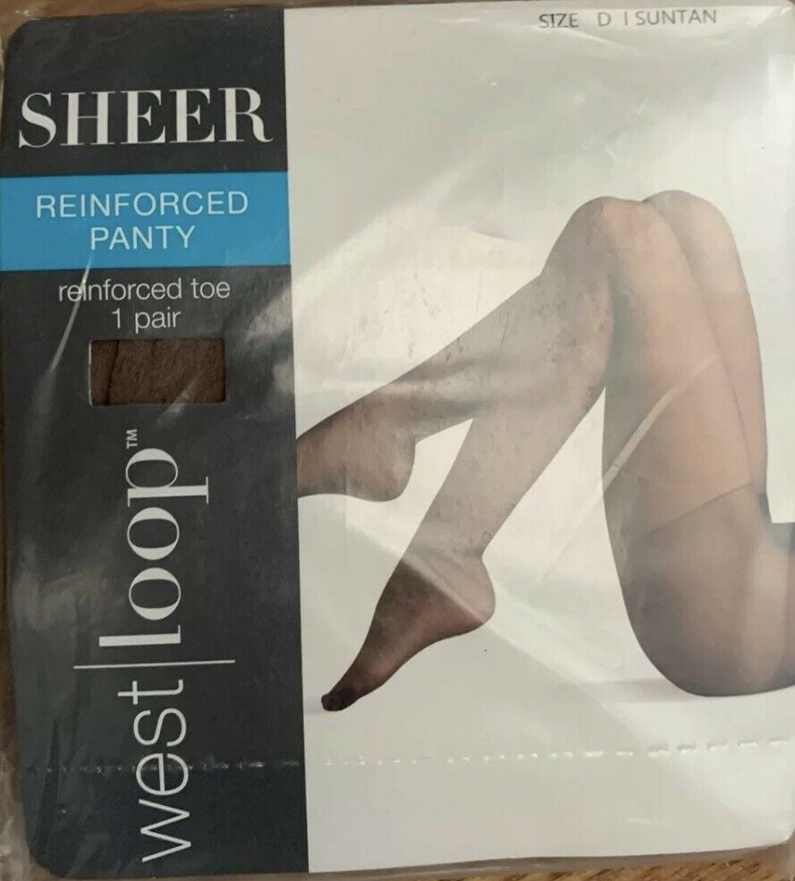 West Loop Sheer Pantyhose Suntan 1 Pair Reinforced Toe Classic Nylon Spandex Size D