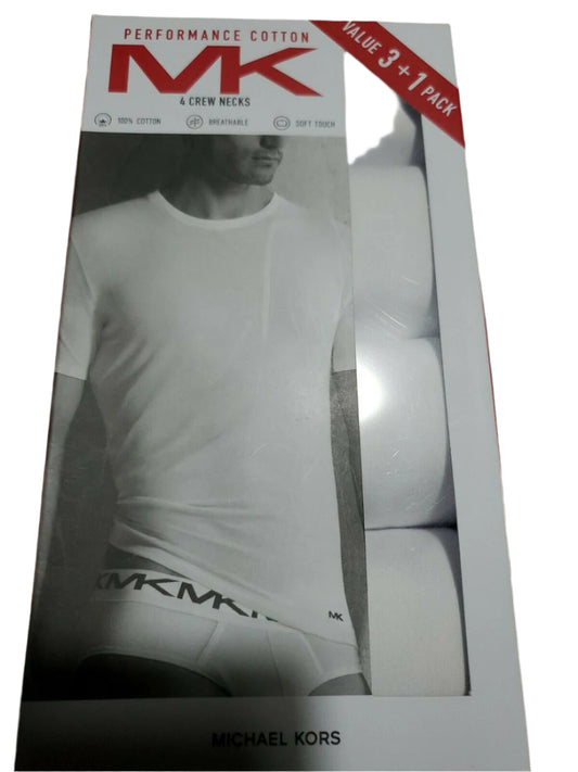 Michael Kors men's 4-pack white cotton crew neck undershirts in red and white packaging, size Large.
