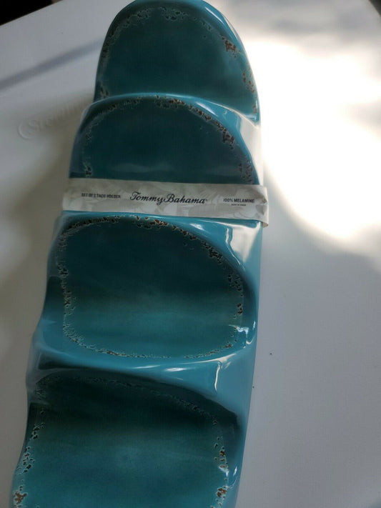 TOMMY BAHAMA Turquoise Melamine Crackle Taco Holder Tray Set of 2