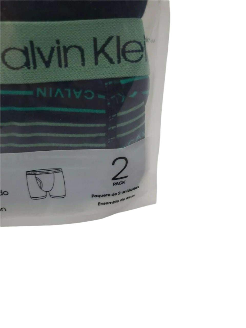 Calvin Klein boy’s boxer briefs, 2-pack cotton stretch underwear in size S (6-7), black/navy and stripe, shown in original packaging.