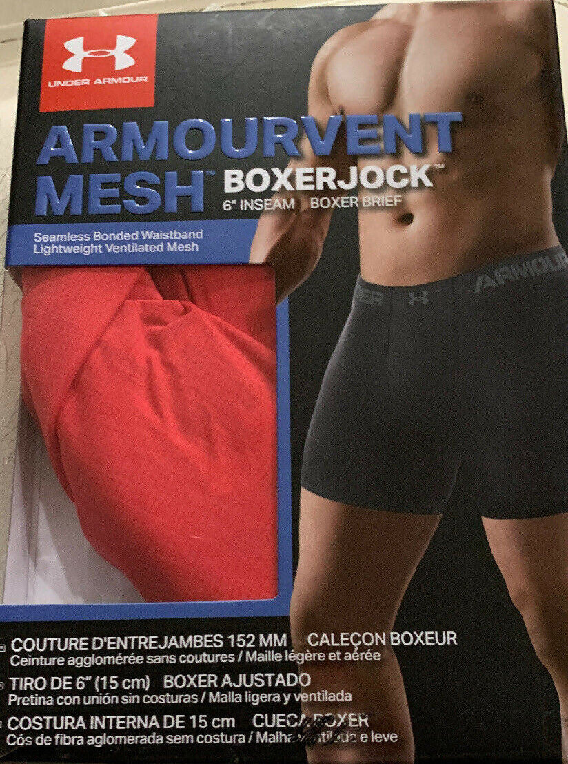 Boxer briefs packaging with red and black briefs.