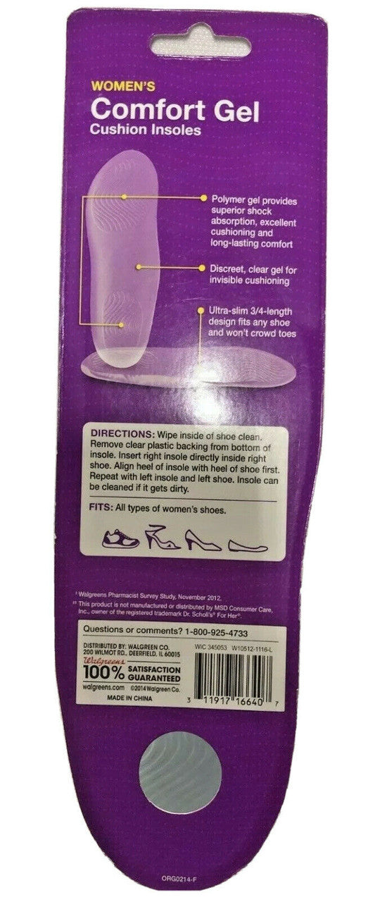 Clear Gel Cushion Insoles Women Size 5-10 one pair Walgreens