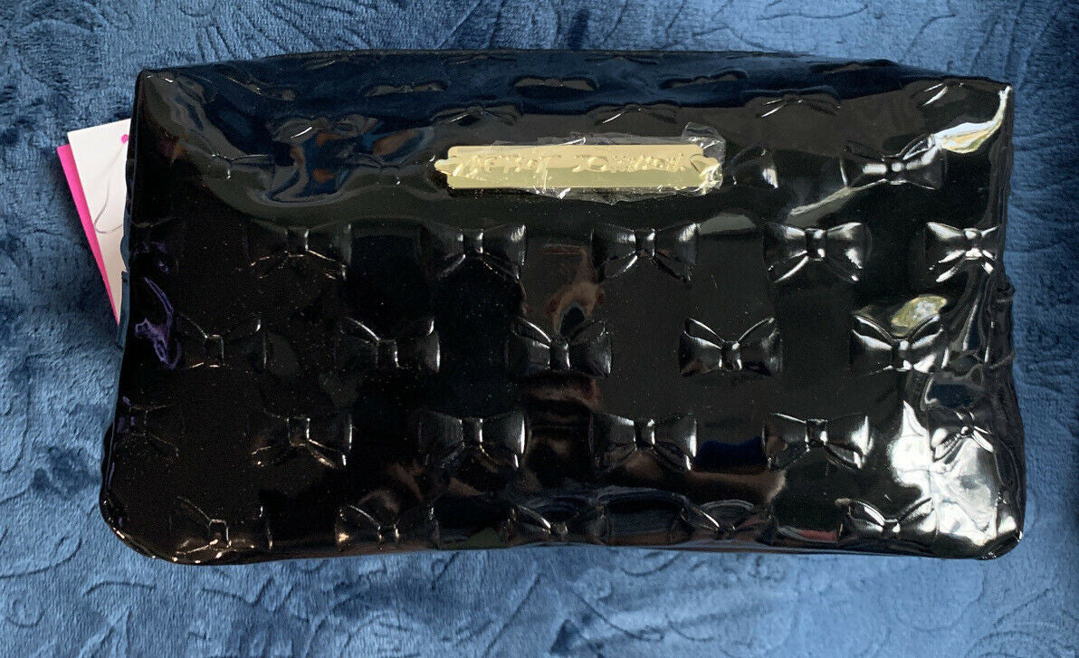 Betsey Johnson Cosmetic Make Up Bag with Embossed Bows black 4x4x8