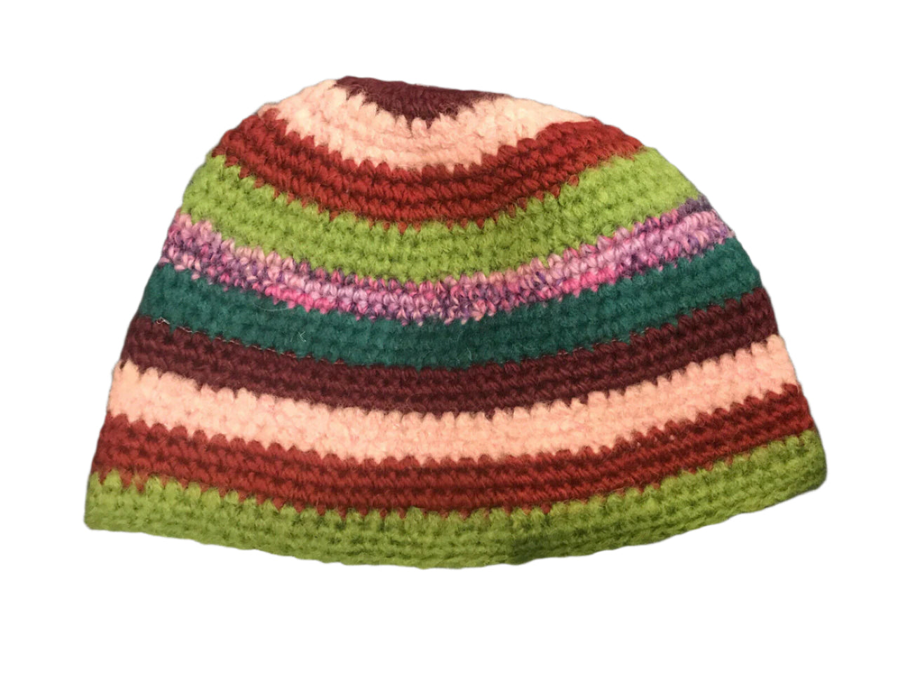 Handmade multicolor striped crochet wool beanie with bold red flower and fleece lining for winter warmth