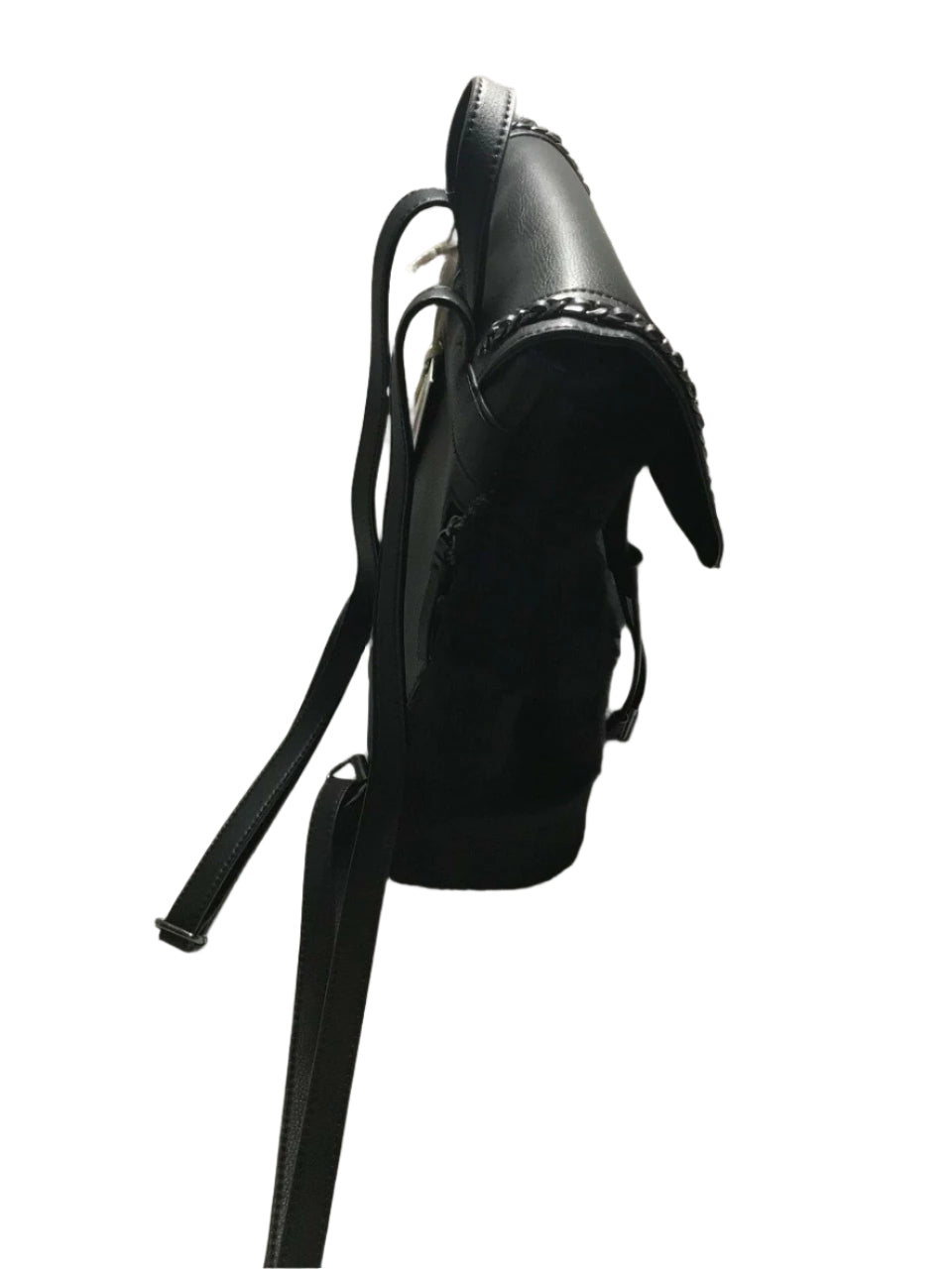 Jessica Simpson Kaelo black drawstring backpack with faux fur body and braided faux leather flap