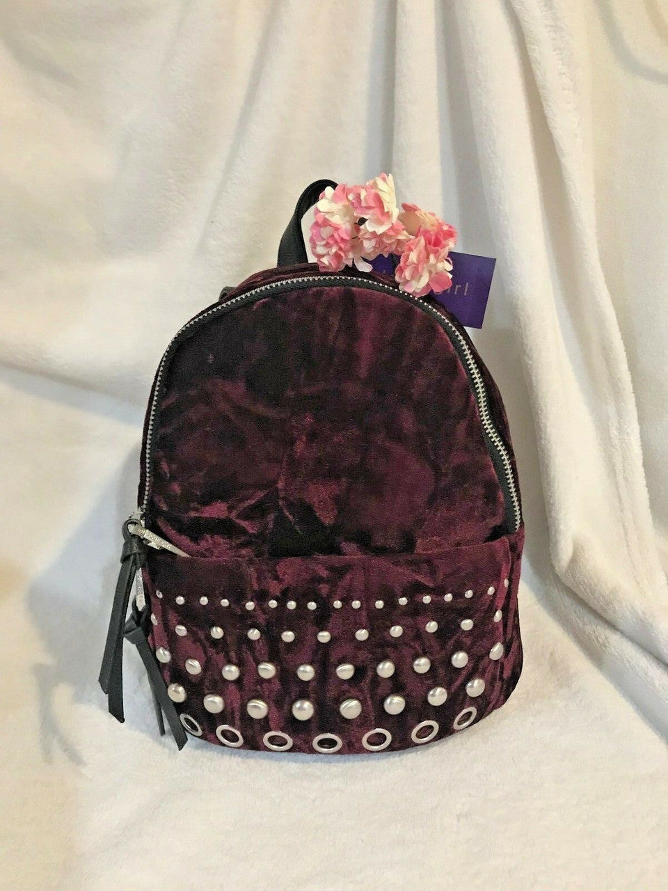 Madden Girl Burgundy Velvet Backpack with silver studs