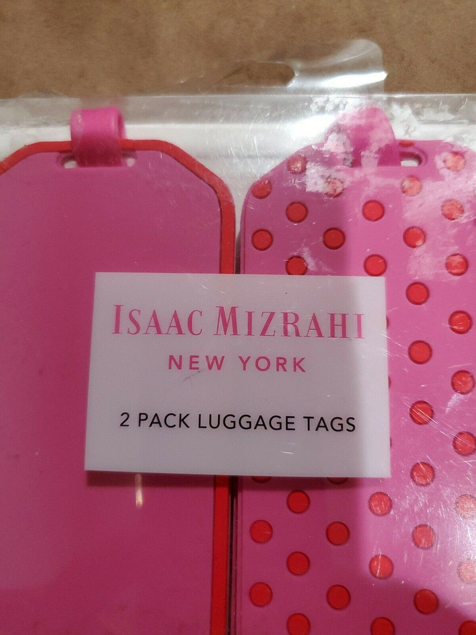 Isaac Mizrahi 2-Pack Luggage Tags Pink Red Polka Dot Print Durable Rubber