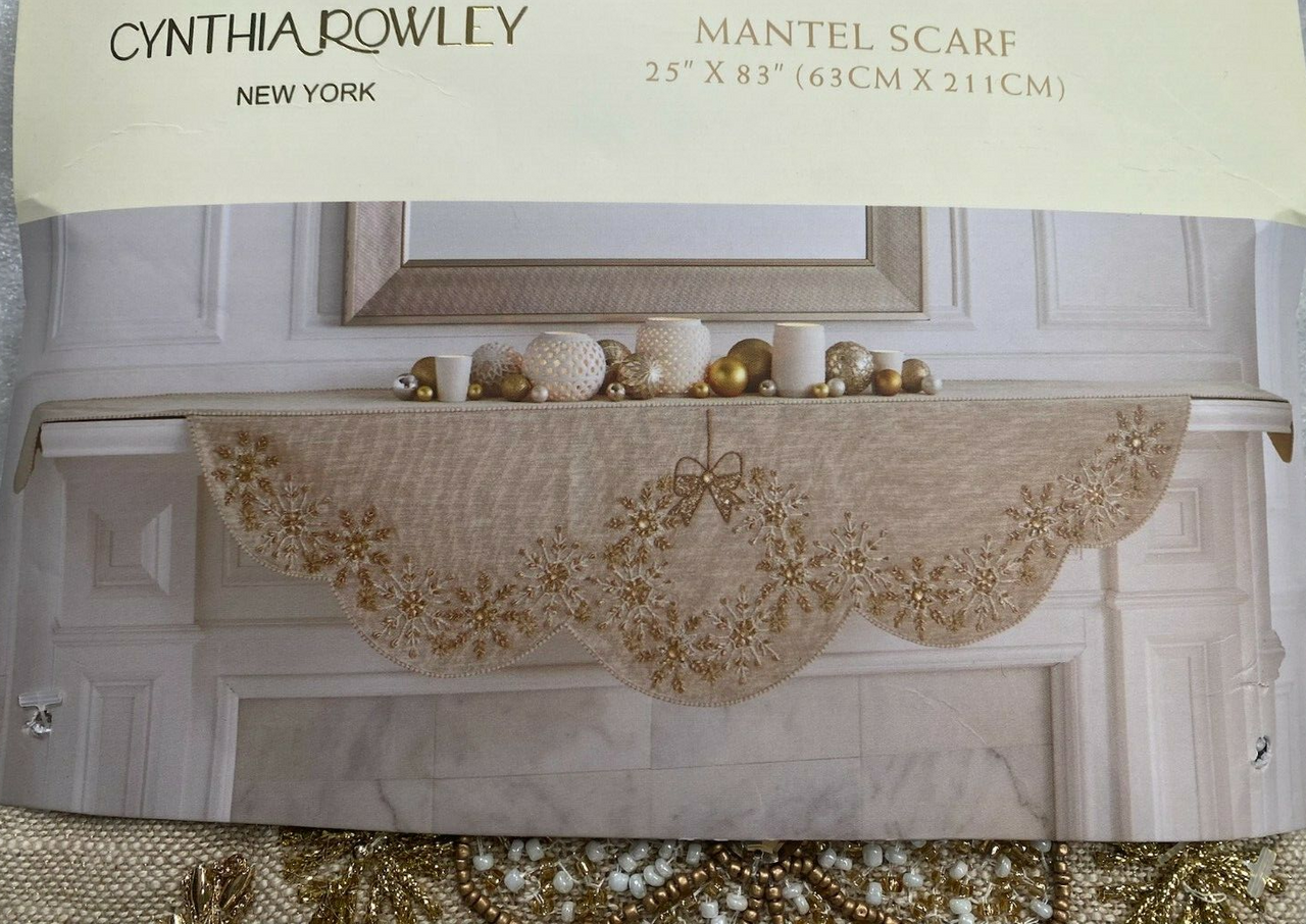 Embrace Holiday Magic with CYNTHIA ROWLEY 25" x 83" Embroidered Wreath Motif Mantel Scarf - Handcrafted Elegance for Christmas and Winter Decor!