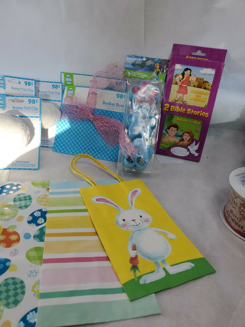 Easter Decorations Bags Bunny Tail Clip Basket Bow Bible Story lot of 13 items
