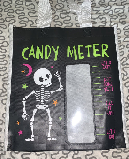 HAPPY HALLOWEEN TRICK-OR-TREAT BAG CANDY METER BLACK WITH SKELETON