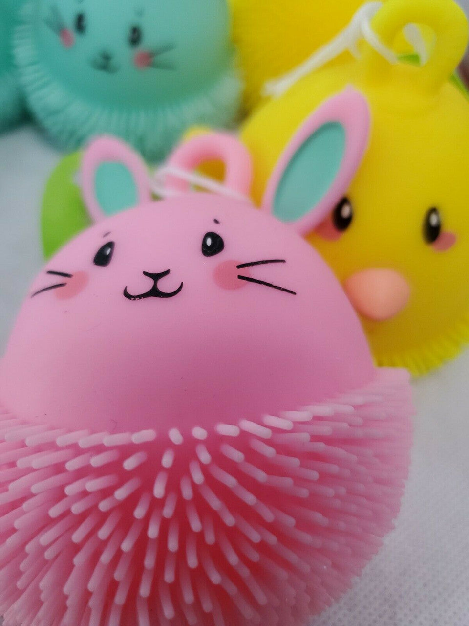 HAPPY GO FLUFFY Puffer Balls with Loop Glowing Bunny Chick Elasticity Ball LOT 6