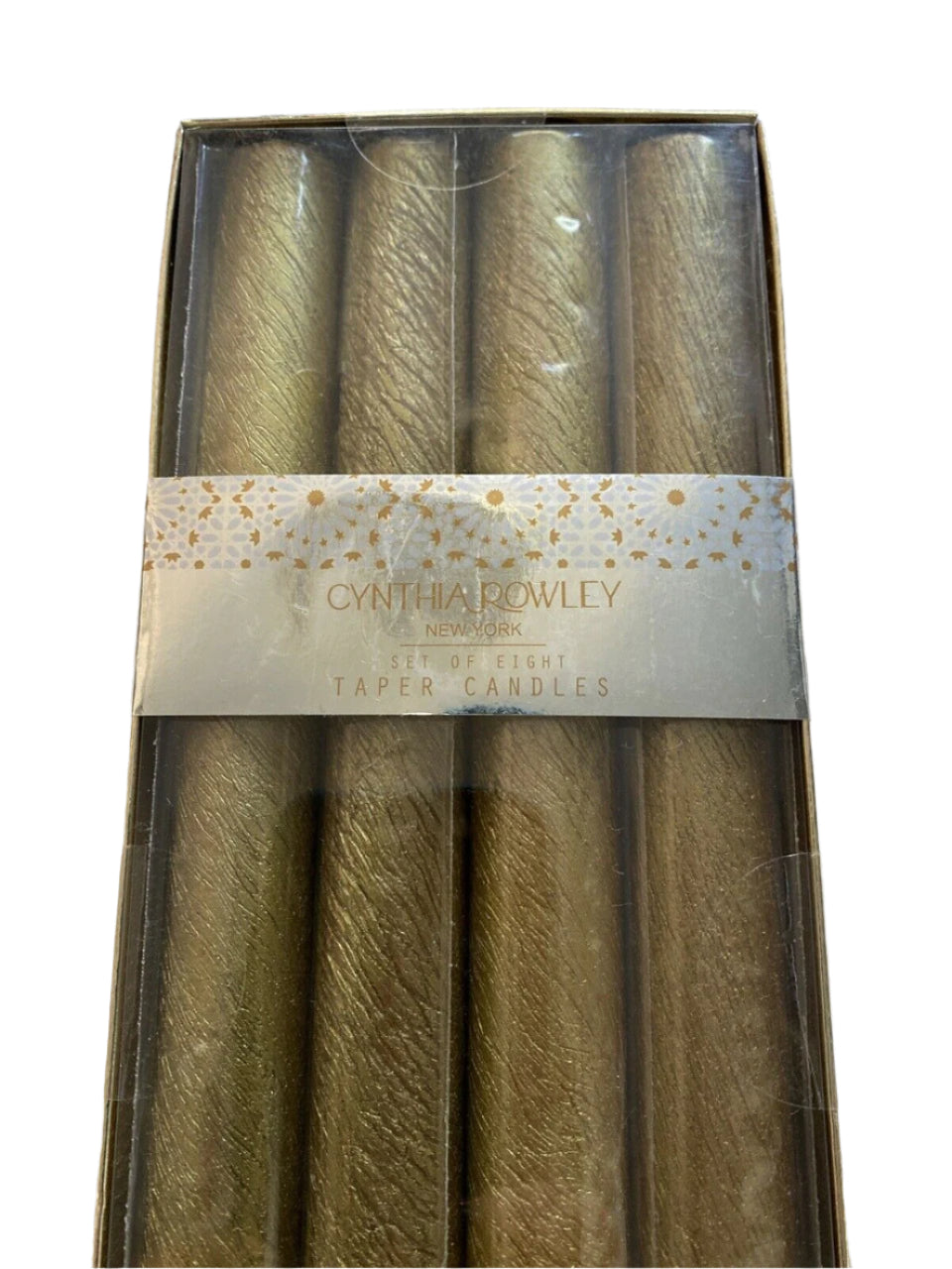 Set of 8 textured gold taper candles in original packaging, ideal for elegant dinner settings, events, or holiday decor.