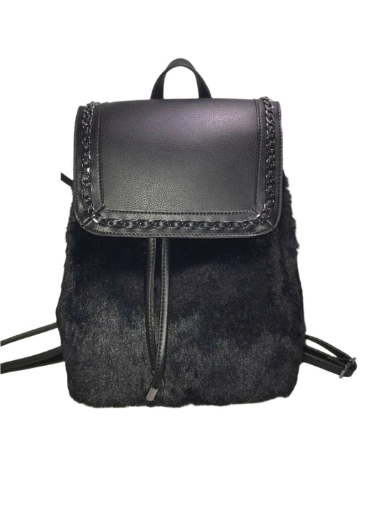 Jessica Simpson Kaelo black drawstring backpack with faux fur body and braided faux leather flap