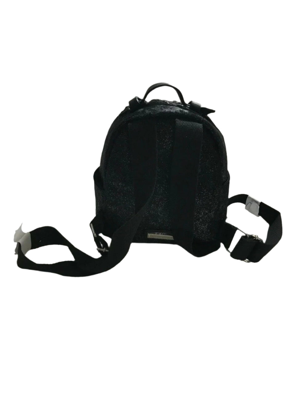 Black faux fur mini backpack with silver tint and front zip pocket with metallic studs