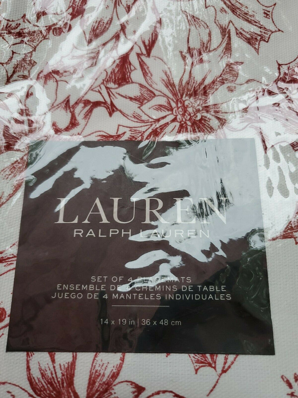 Ralph Lauren Christmas Holiday Red Poinsettia Fabric Placemats Decor Set of 4